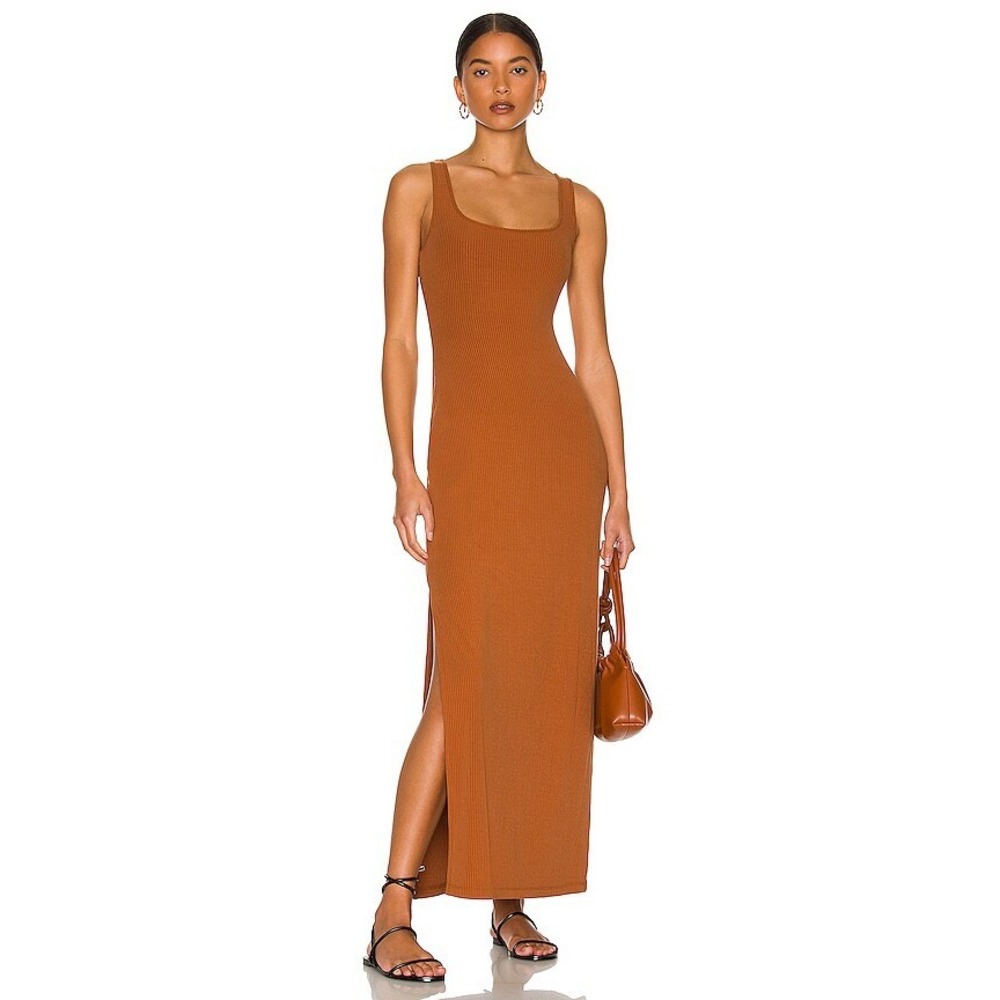 L*Space Women Rust Orange Ribbed Twist Back Cutout Maxi Dress Large